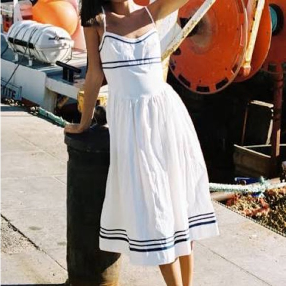 Ciao Lucia White Spaghetti-Strap Midi Dress with Navy Trim
